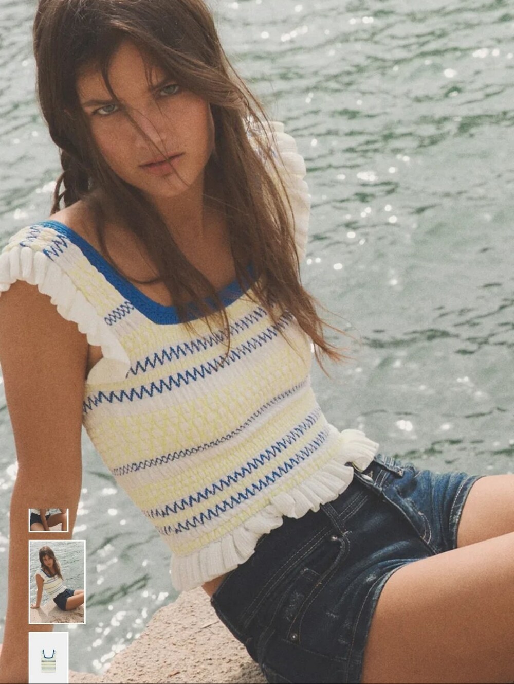Blue and Cream Smocked Ruffle Tank Top - Women's Swim - Picture 6 of 11